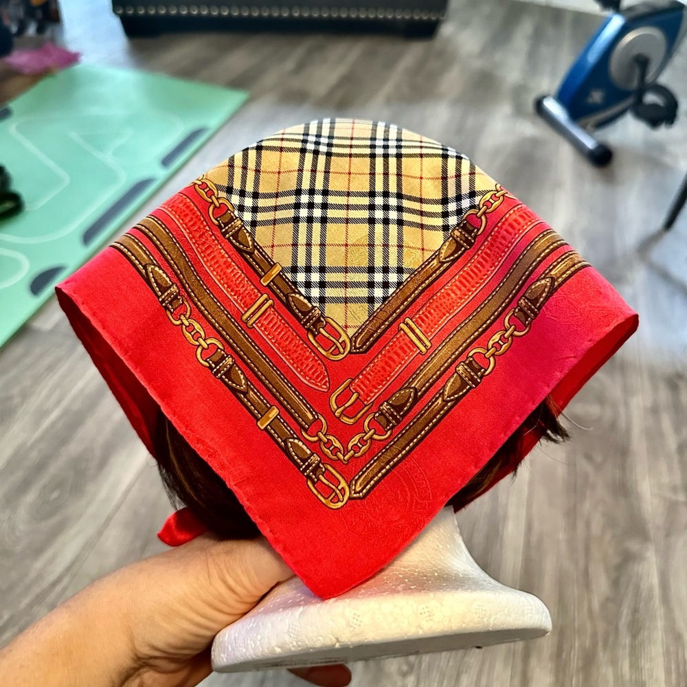 Burberry Red & Beige Plaid Silk Scarf